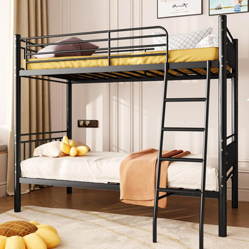 Bunk Bed Twin Over Twin, Metal Bed Frame, Twin Bunk Bed with Stairs and Safety Guardrail, No Box Spring Needed