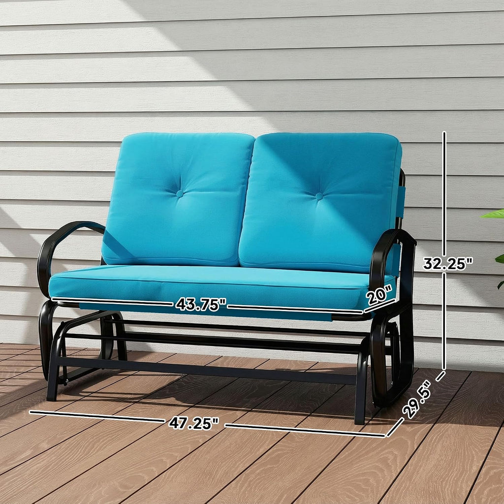Outdoor Glider Bench 2-Person Patio Rocker Tufted Cushions Blue | Loveseat, Steel Frame, Porch, Garden Backyard
