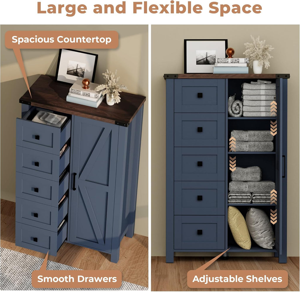 Farmhouse Tall Dresser Chest of Drawer , 5 Drawer Storage Cabinet with Barn Door, 48 Inch Tall Wood Dresser
