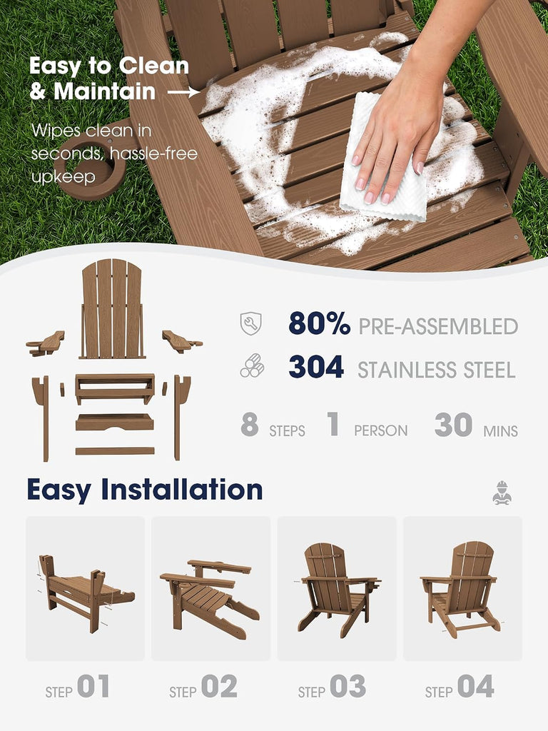 Folding Adjustable Adirondack Chair with Ottoman & 2 Cup Holders Set of 2, HDPE Adirondack Recliner Chair with