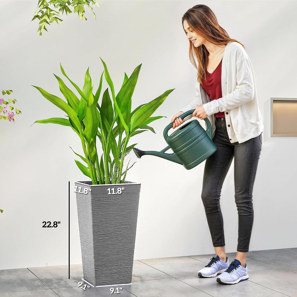 22.8 Inch Tall Planters for Outdoor Plants Set of 3, Gray | Wheels, Flower Pots, Stone Finish, Stackable Tapered