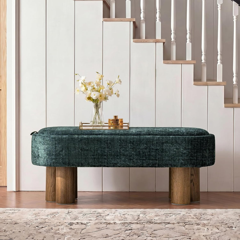 Storage Bench with Upholstered Seat and Wood Tabletop, Forest | Entryway Bench with Reversible Lid and Hidden