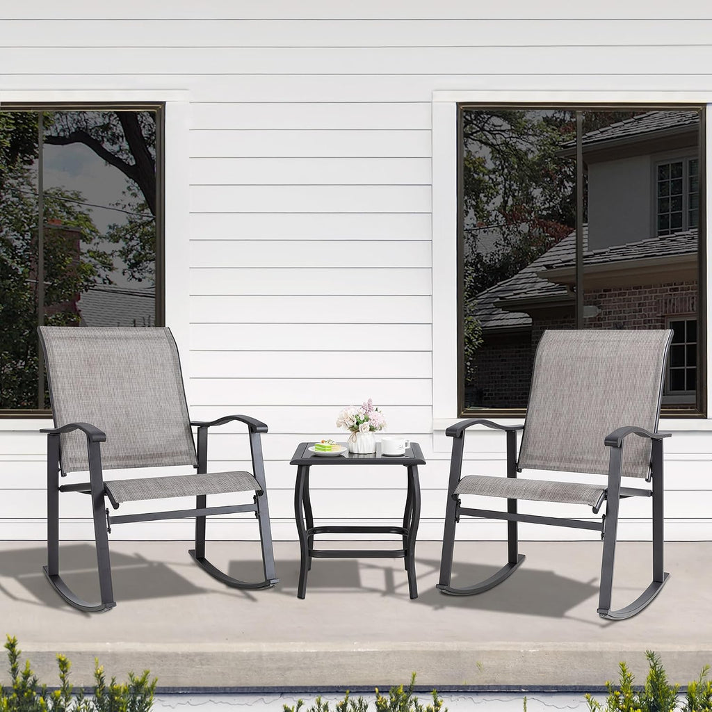 3 Piece Rocking Bistro Set, Outdoor Furniture with Rocker Chairs and Glass Coffee Table Balcony, Porch Furniture for