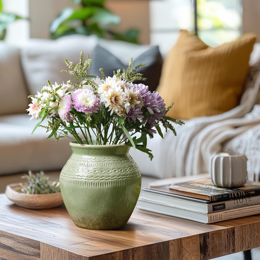 Ceramic Rustic Farmhouse Vase, Green Distressed Flower Vase