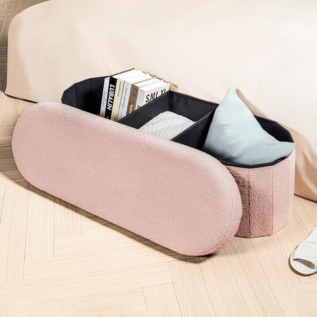 Ottoman with Storage , Sherpa Folding Storage Ottoman Foot Rest, 43.3 Inches Collapsible Bedroom Bench Pink