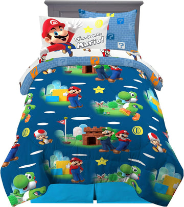 Super Mario Kids Bedding Set, 5 Piece Comforter and Sheet Set with Sham, (Officially Licensed Product)
