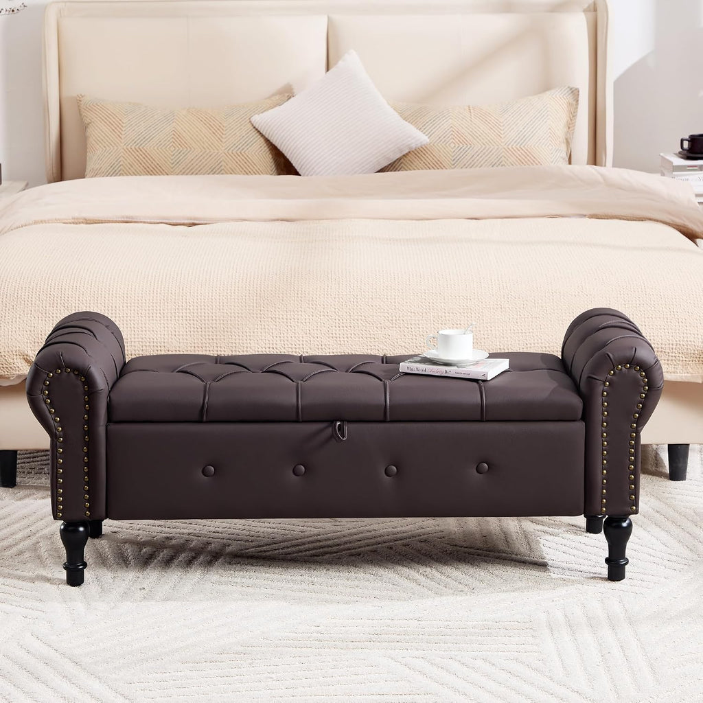 Storage Bench 51" Faux Leather End of Bed Benches Dark Brown | Queen Size Storage Bench with Rolled Arms Tufted