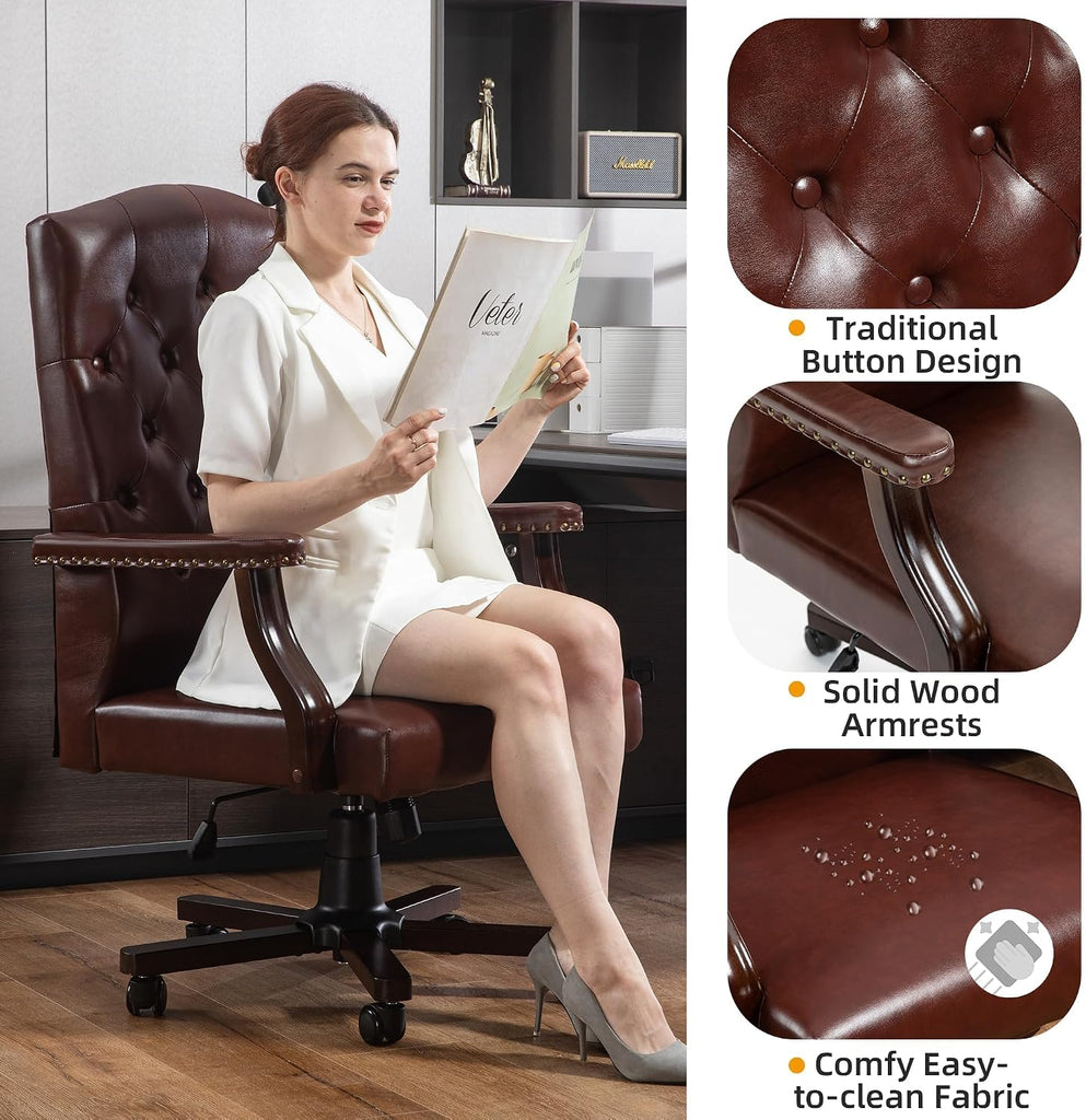 Executive Office Chair, High Back Computer Chair with Upholstered Backrest Vinage Farmhouse Retro Style, Faux Leather