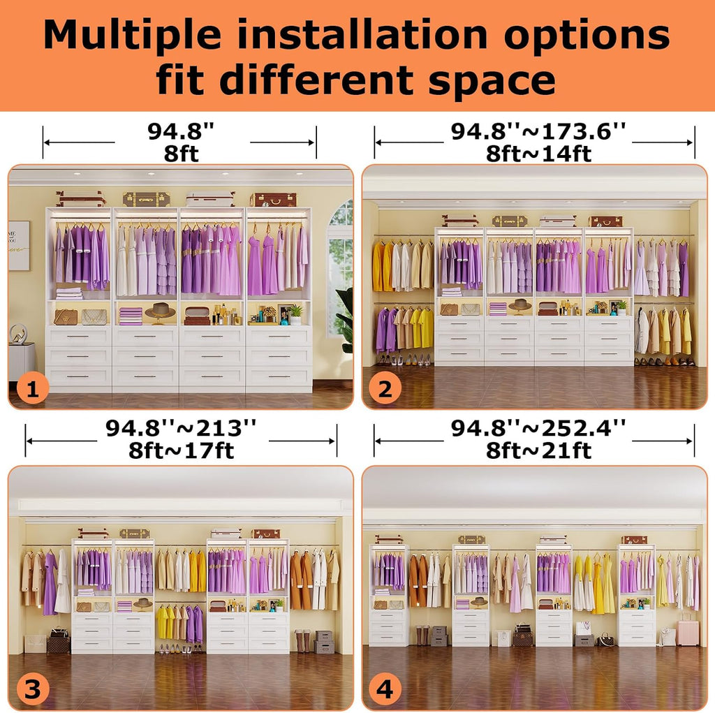 Closet System Set of 4, Closet System with 12 Drawers, 8 Rods & 4 Shelves, 8-21FT Walk in Modular Closet Organizer
