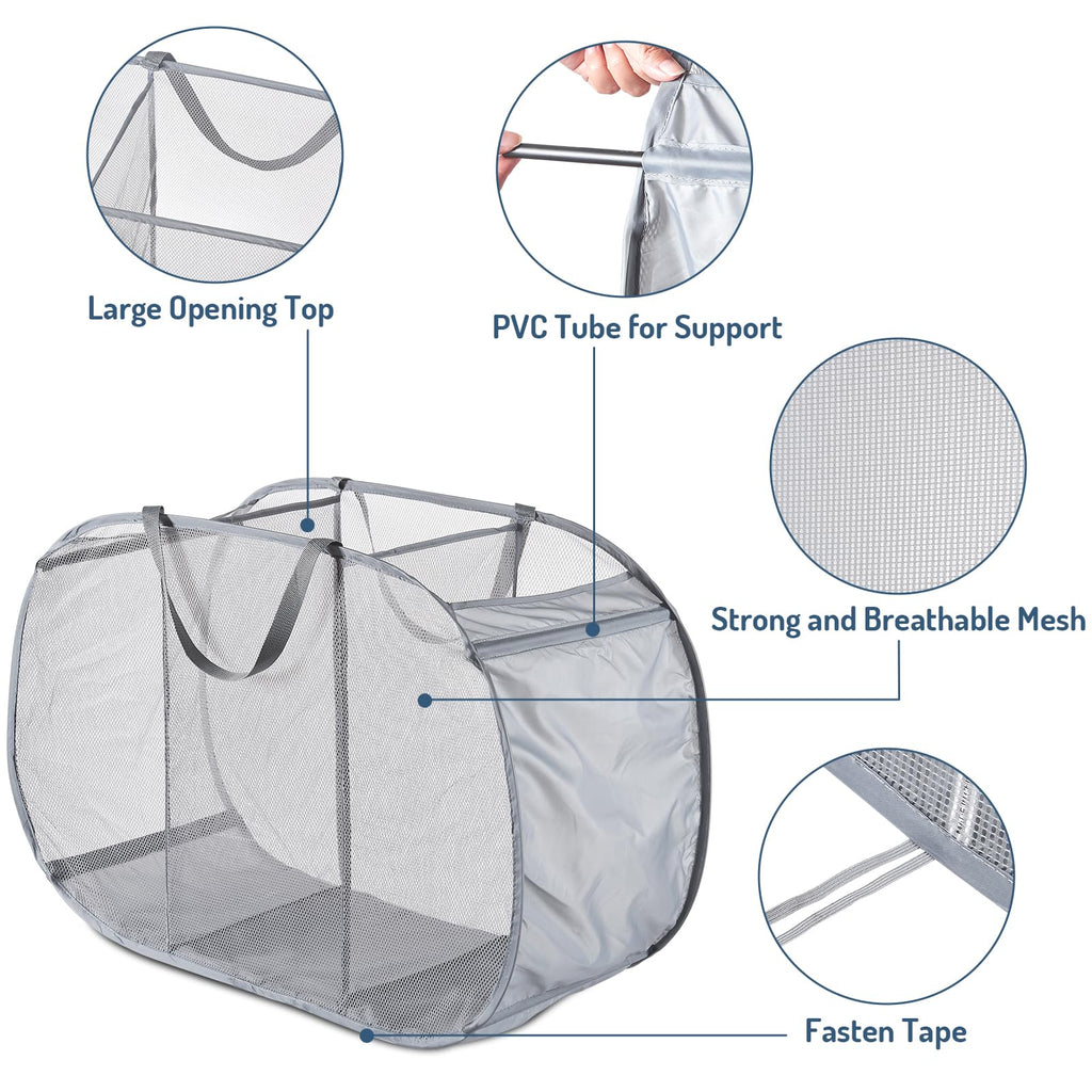 Mesh Popup Laundry Hamper 3 Compartment Sortable Horizontal Collapsible Laundry Basket for Clothes Laundry Room