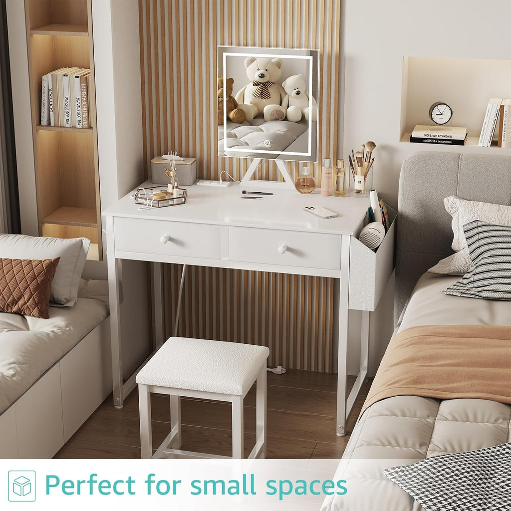 Small Makeup Vanity Desk with Fabric Drawers, 32 inch White Vanity Desks with Mirror and Light, Dressing Table and
