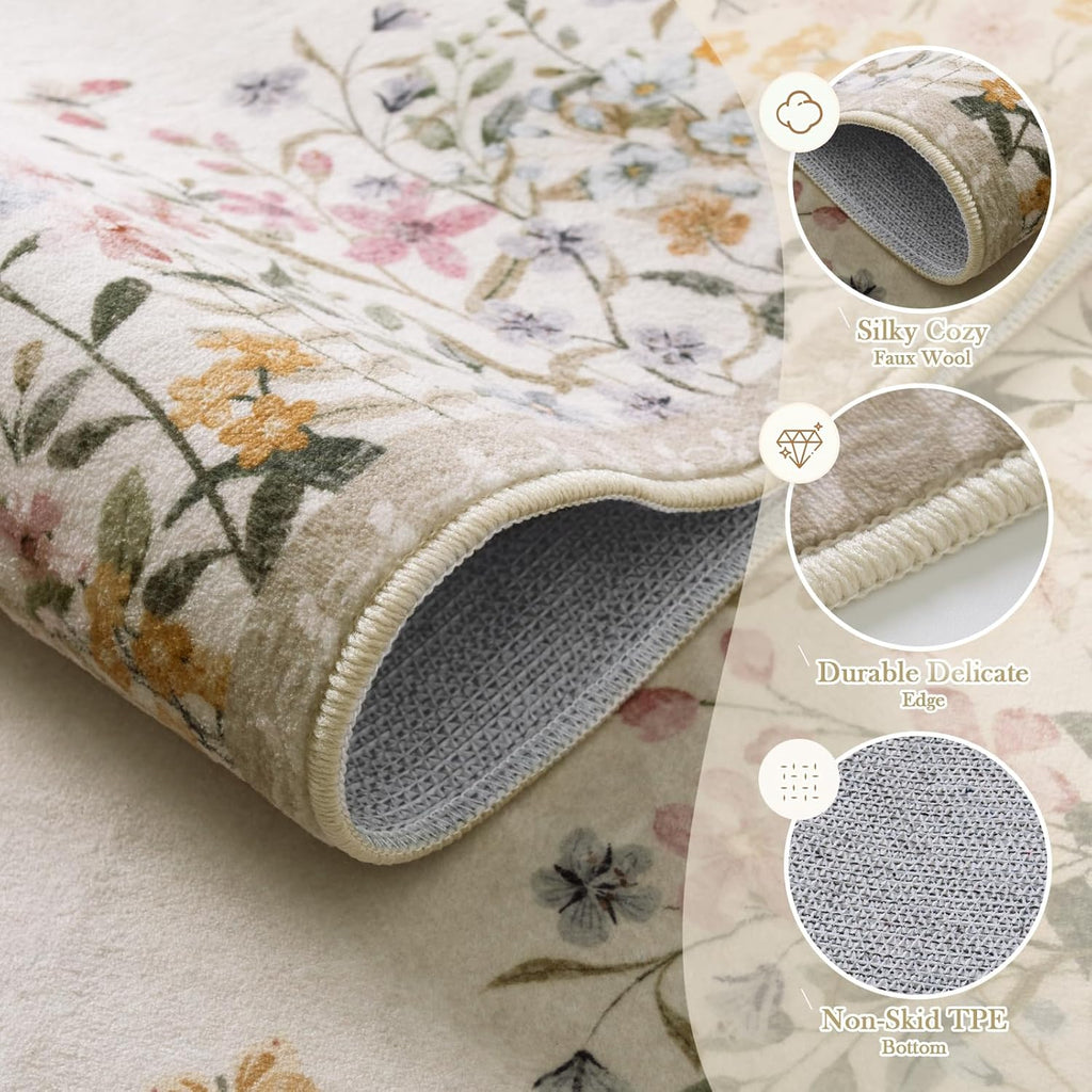 Washable Area Rugs, Large Living Room Rug, Non-Slip Soft Floral Rugs for Bedroom, Botanical Area Rug Carpet for