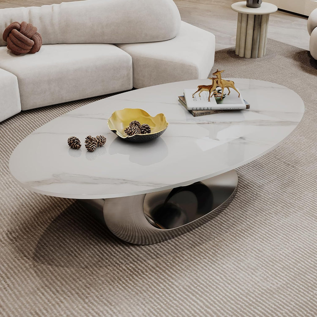 Modern Oval Coffee Table Luxury Sintered Stone Top Coffee Table with Sculptural Geometric Stainless Steel Base,Mid-Cen
