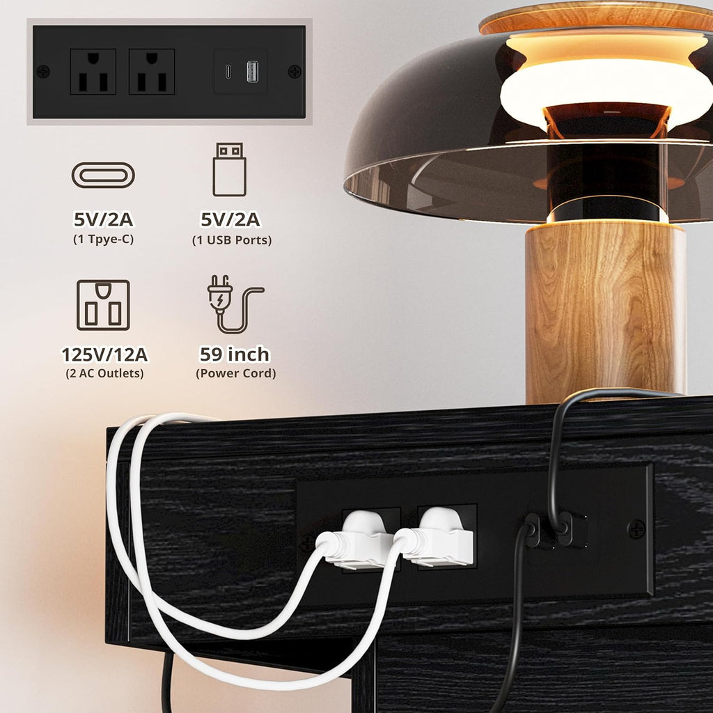 Nightstand with Charging Station LED Light and 2 Drawers Black | bedside table; end table; charging station; LED