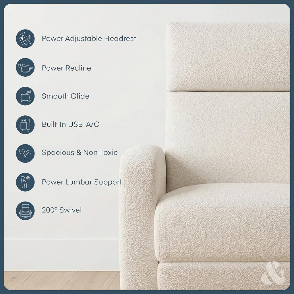 The Glider Plus - Premium Nursery Power Recliner | Swivel Chair with Adjustable Head Support | Adjustable Lumbar