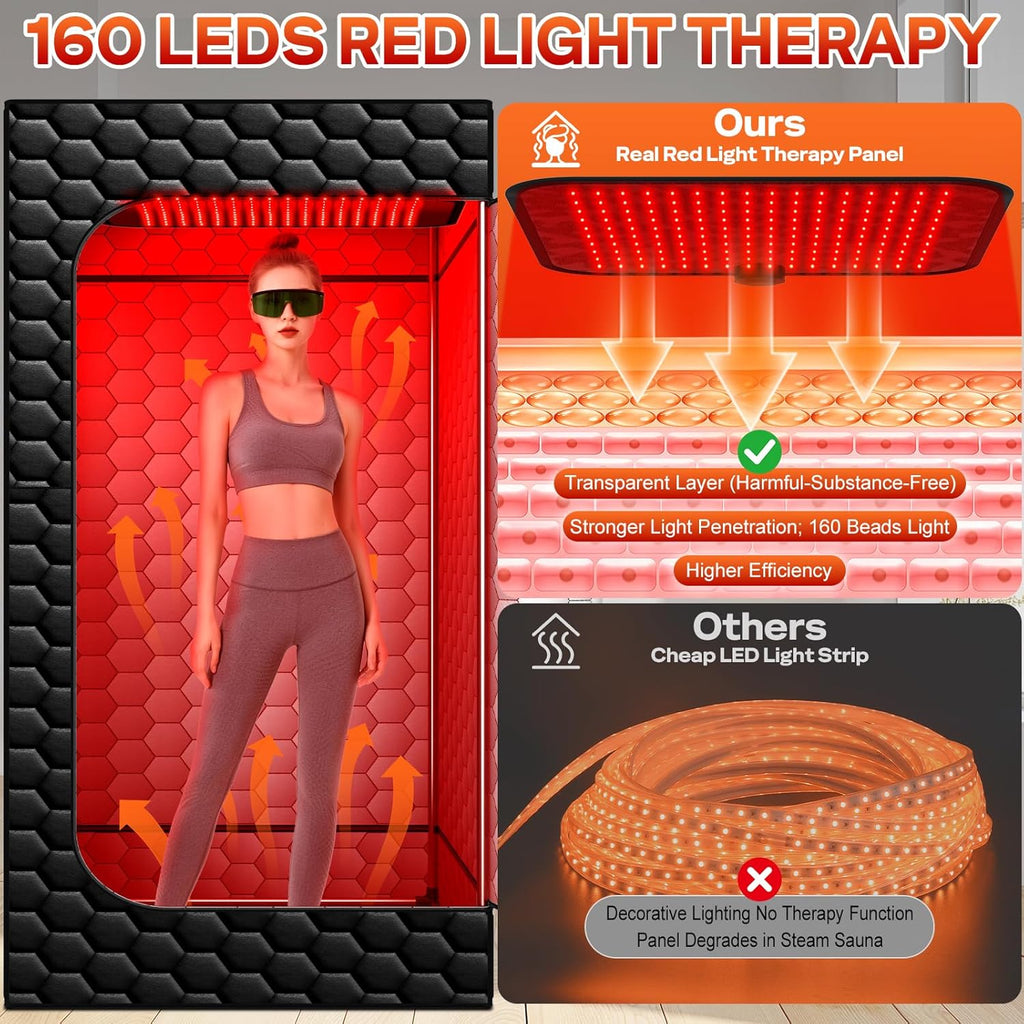 Infrared Sauna Box, 160 LEDs Red Light Sauna Steam Room, Portable Sauna Tent with 3L/1200W Steamer, 15 Heating Levels