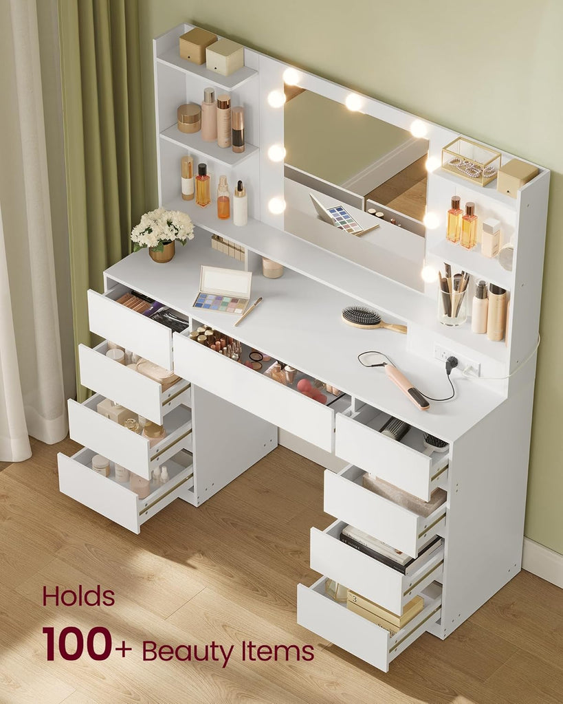 Collection - Vanity Desk with Mirror and 9 LED Bulbs, Modern Vanity Makeup Table with Power Outlets, Dressing Table