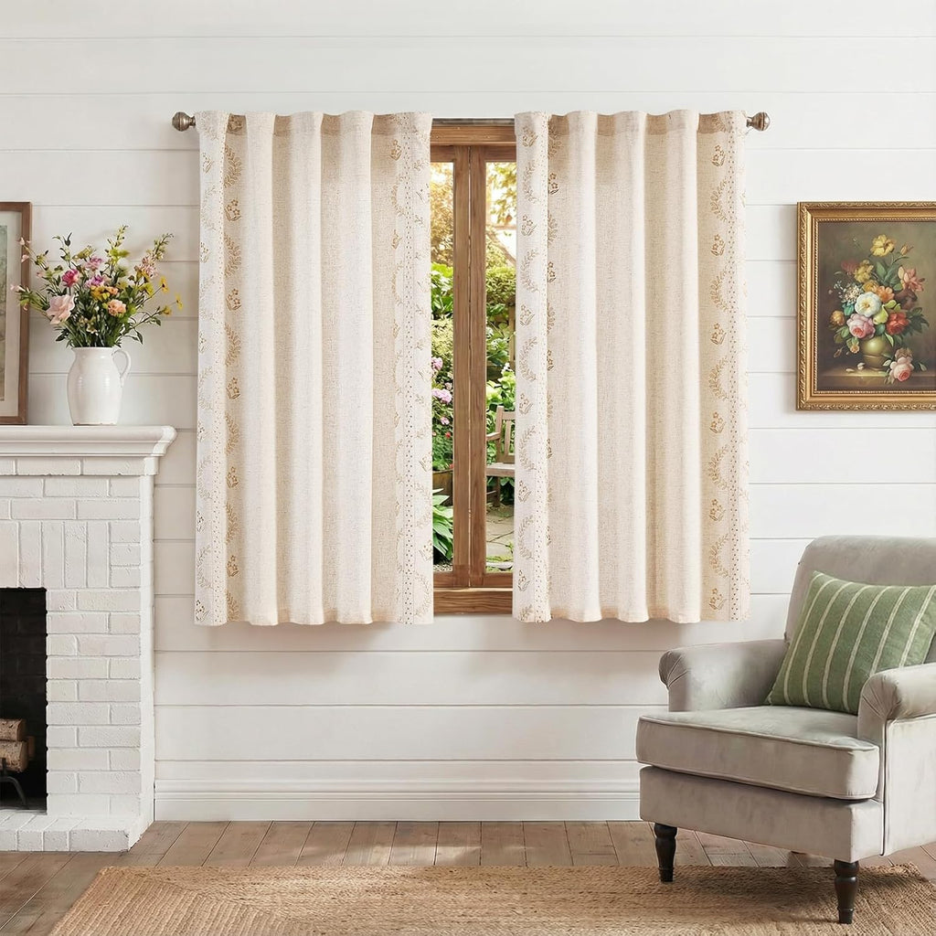 Floral Linen Curtains 72 Inch Back Tab 2 Panels Sage Green