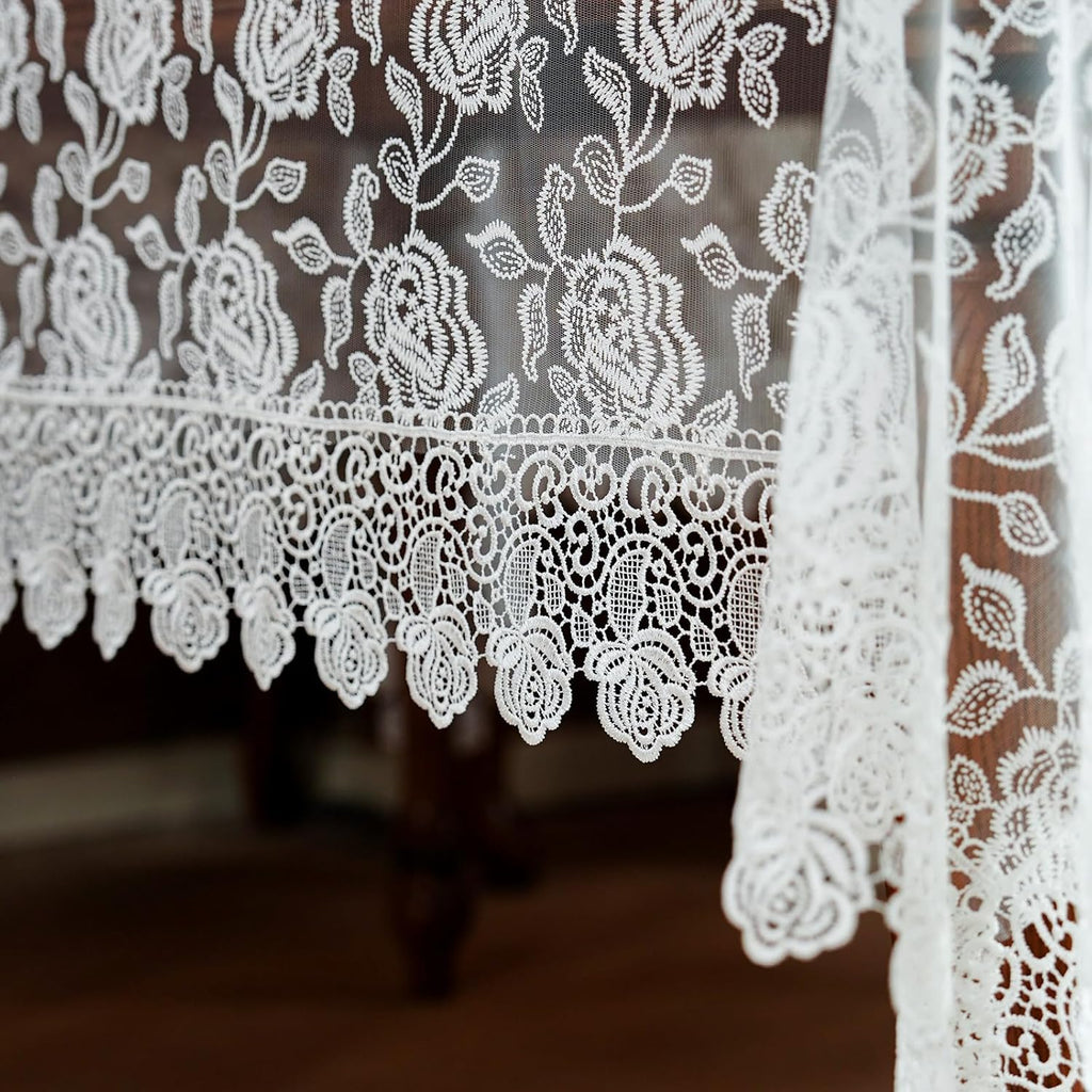 Rectangle Tablecloth White Embroidered Lace Raised Rose Pattern Fabric Farmhouse Rustic Table Cloth 