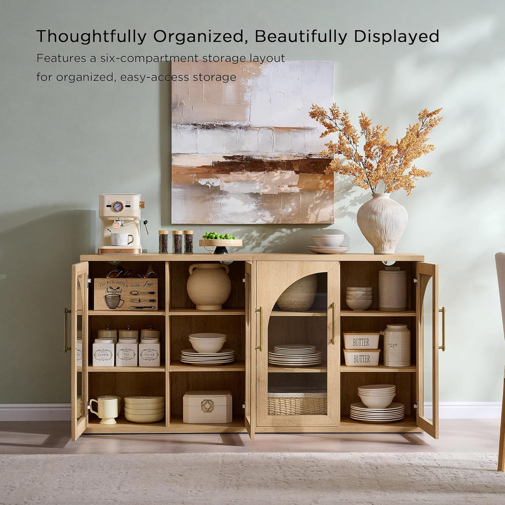 Glass Arched Door Sideboard Buffet Cabinet Set of 2, Accent Cabinet with Adjustable Shelf