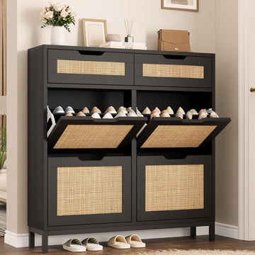 Rattan Shoe Cabinet , Boho Shoe Storage Cabinet with 4 Flip Drawers and 2 Drawers, Narrow Freestanding Shoe Rack with