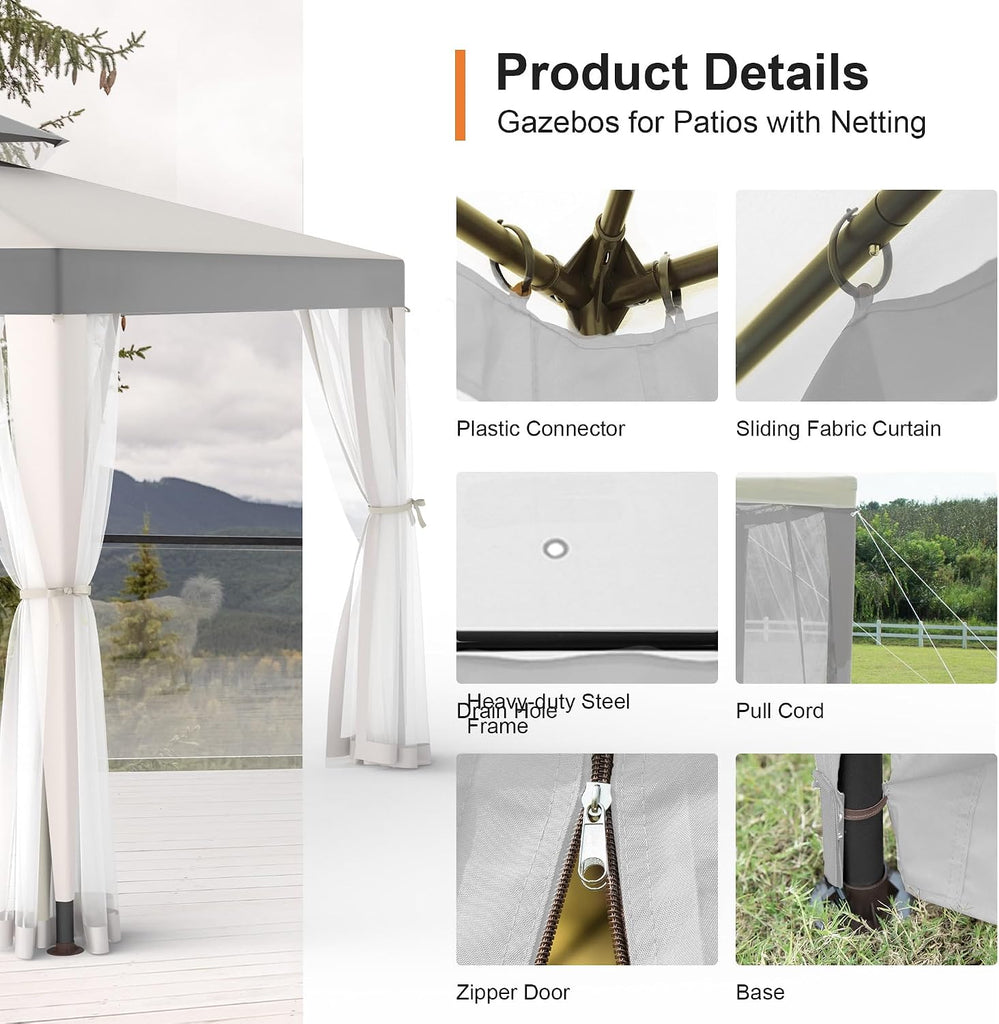 Patio Gazebo Tent Outdoor Canopy Shelter 10'x10' with Removable Netting,100 Square Feet of Shade and Lawns (Gray)