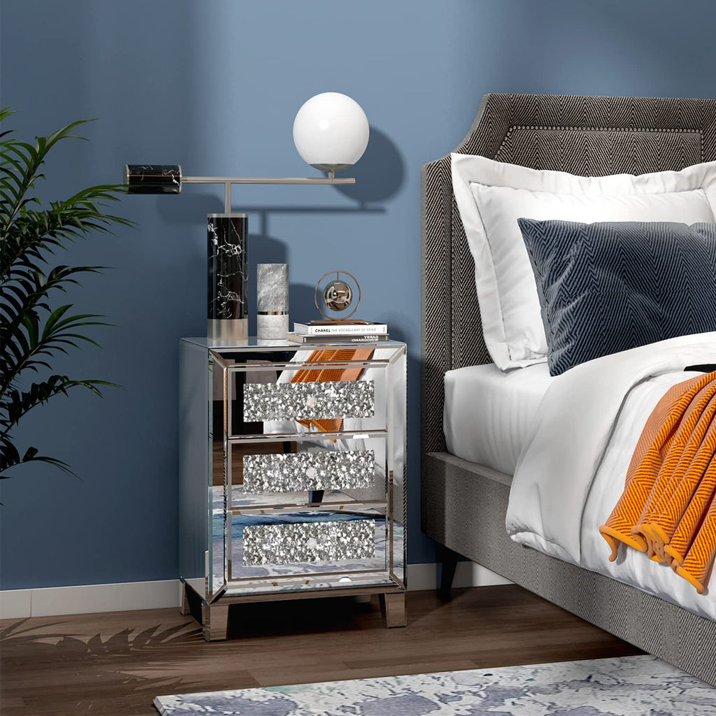 Mirrored Nightstand with 3 Drawers Modern End Table Bed Side Table with Mirrored Finish, 17.72-inch W x 13.78-inch D