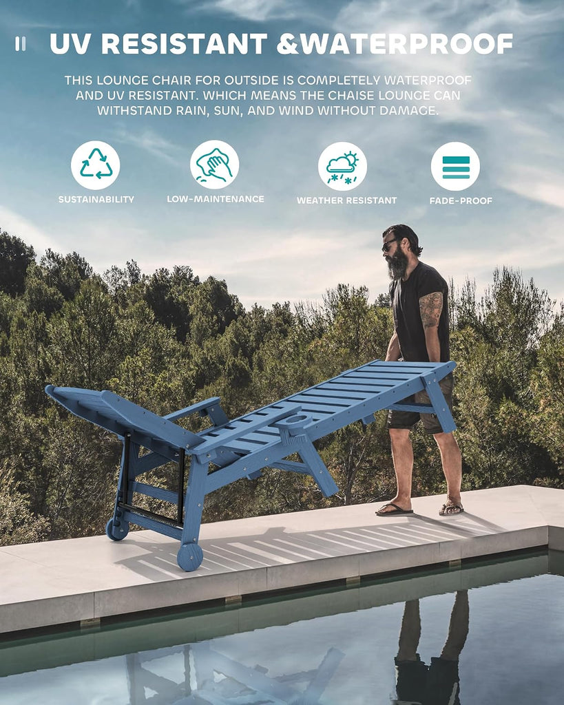 HDPE Outdoor Lounge Chair Set of 2 with Cup Holder, Blue | with 5 Position Adjustable Backrest & Rolling Wheels