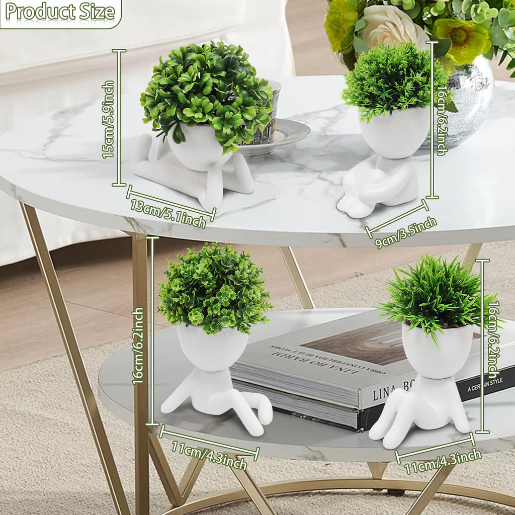 4 Packs Creative Fake Plants Artificial Succulents Plants in Ceramic Human Shaped Pots, Cute Faux Succulents Mini