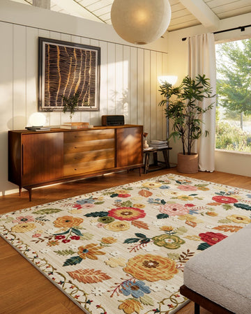 Area Rugs for Living Room: Washable Rug Non Slip Low Pile Soft Faux Wool Non Shedding Distressed Vintage Floral