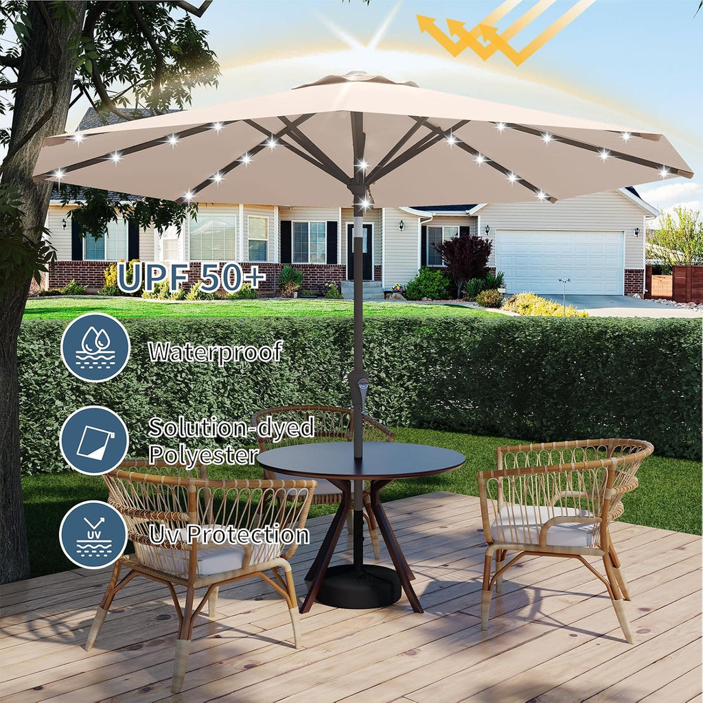 9FT Patio Umbrella with Solar Lights,Outdoor Market Umbrella with Tilt and Crank