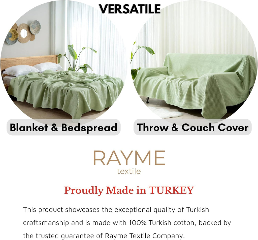100% Turkish Cotton Waffle Blanket Queen - Cozy, Airy, Lightweight Summer Throw Blankets - Made in Turkiye, (Mint