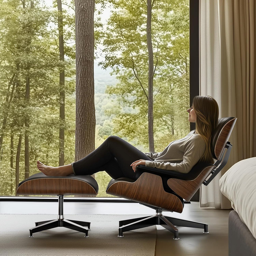 Inspired Eames Style Lounge Chair and Ottoman — Black PU Leather, Walnut Base, Standard Build