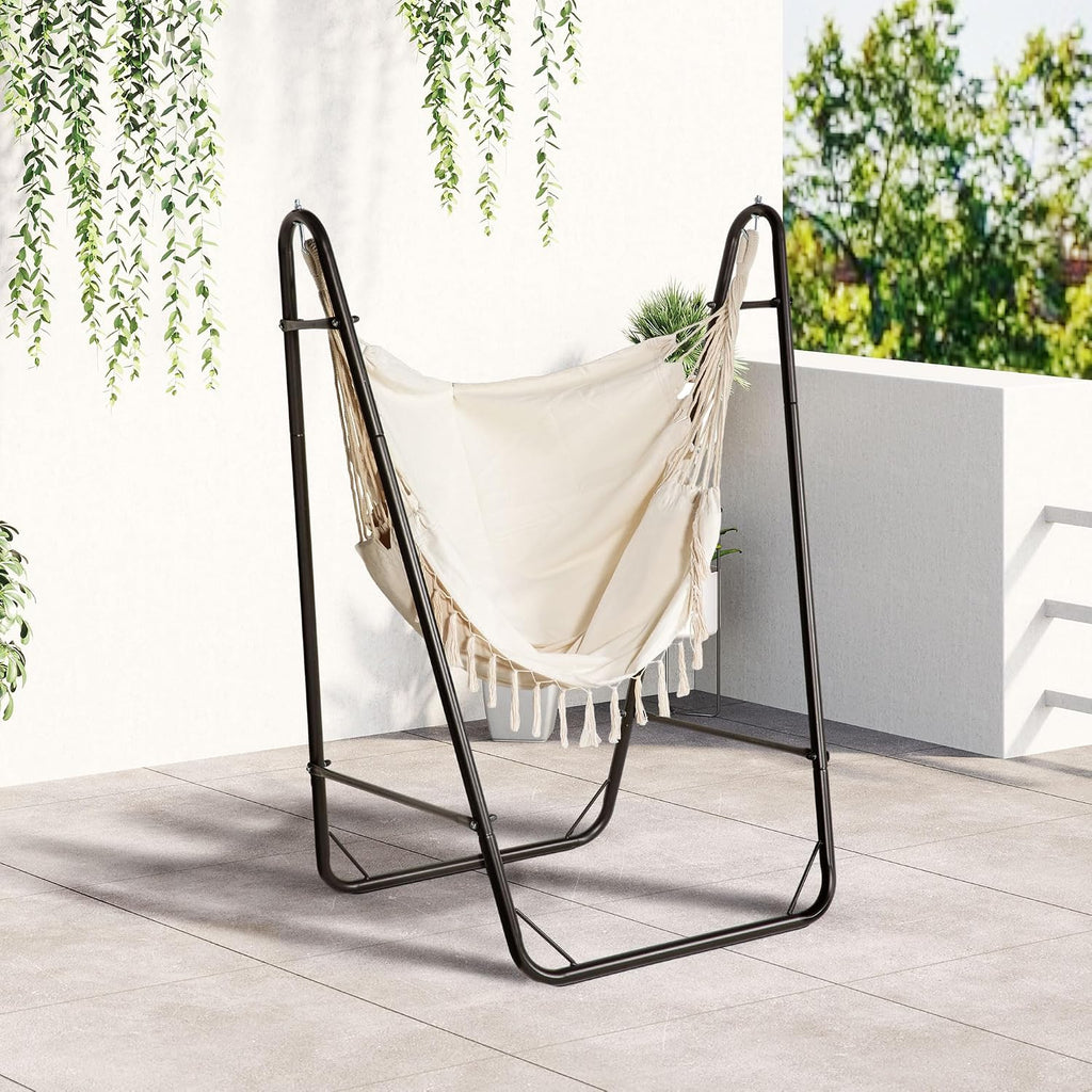 Patio Hammock Chair Outdoor with U Shape Stand Brown/Cream White | Outdoor Hammock Swing, Hanging Lounge Chair, Side