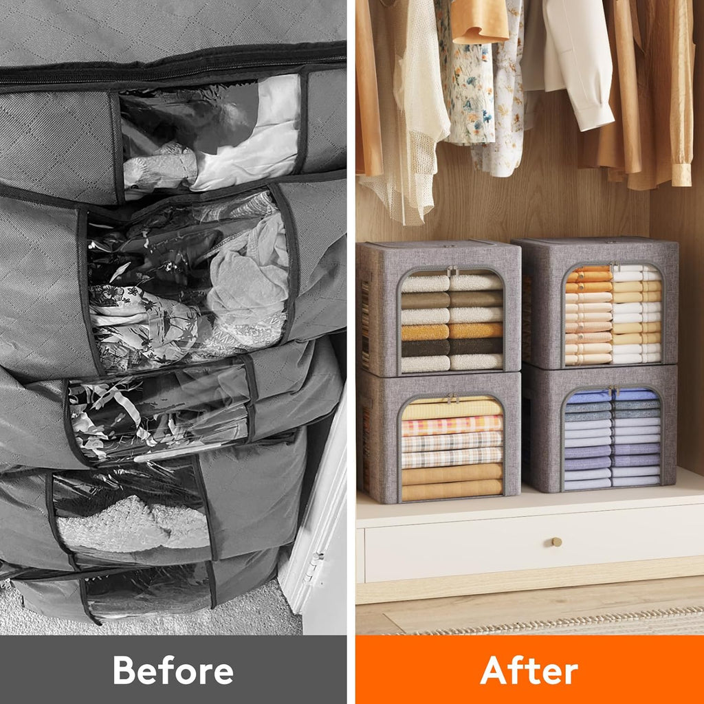Clothes Storage Bins with Metal Frame, Stackable Storage Box, Foldable Clothing Storage Bins with Lids, 40L Storage