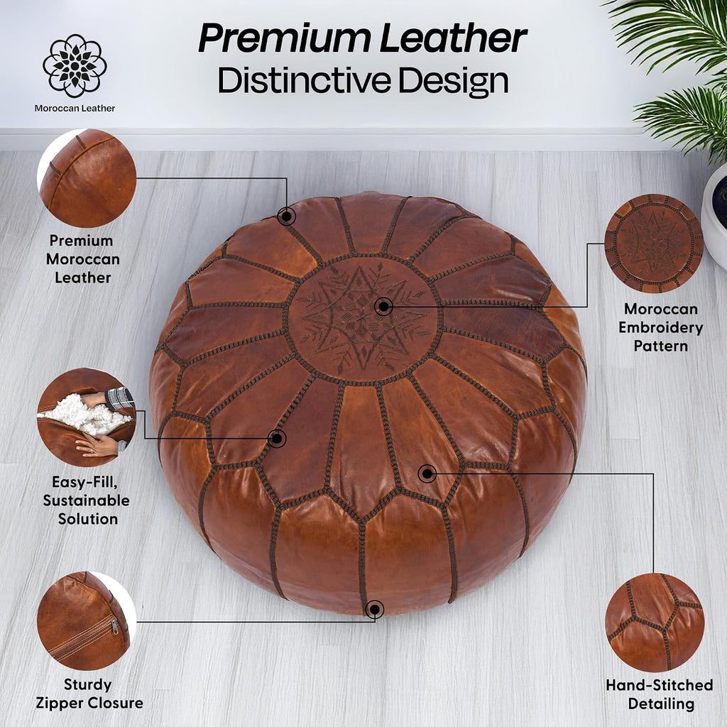 Pouf Ottoman Cover, Unstuffed Foot Stool, Round Boho Footrest Decor Gift (Dark Tan By Brown)