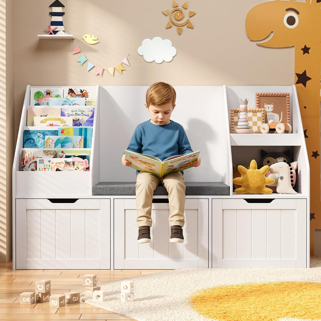 Kids Toy Storage Organizer with Reading Nook, Kids Bookshelf with 3 Movable Drawers, Kids Reading Nook with Bench for
