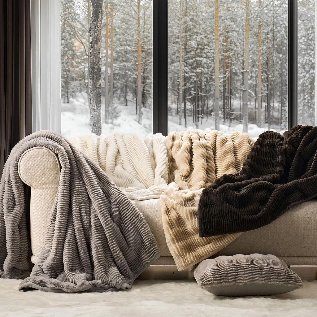 Faux Rabbit Fur Throw Blanket, 50''x60'', Dark Brown | Ultra Soft, Luxury Sculpted Texture Faux Fur Blanket, Fluffy