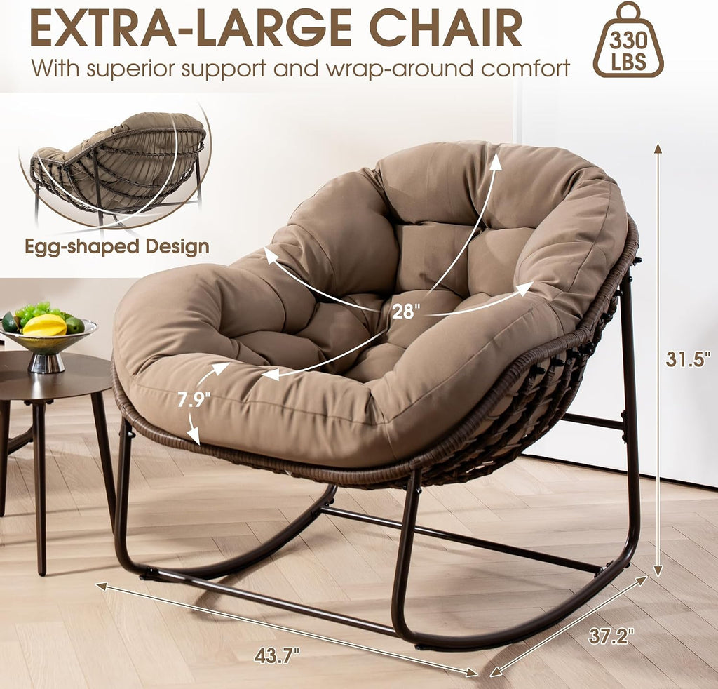 Oversized Papasan Rocking Chair - Outdoor Luxury Comfy Patio Chair Indoor Egg Royal Rattan Rocking Chair with Cushion