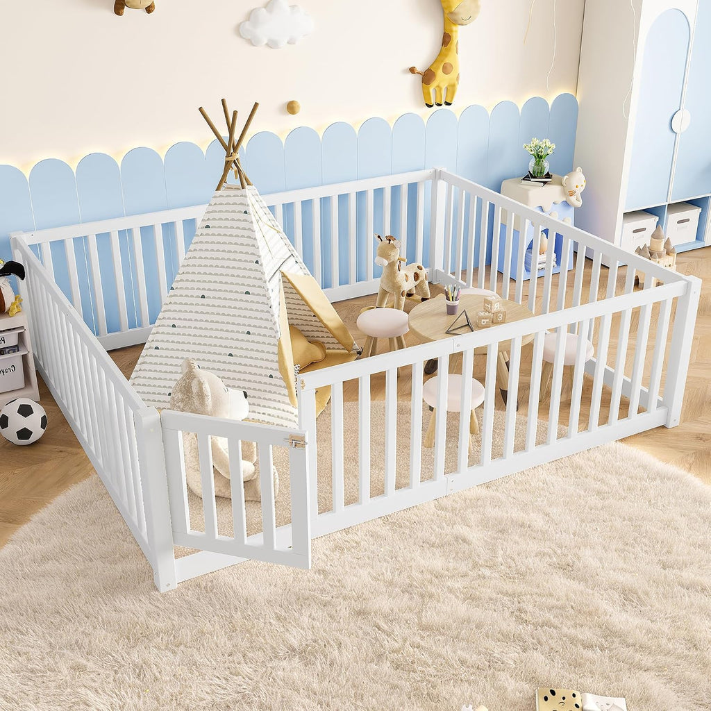 Queen Size Kids Montessori Floor Bed with Door,Solid Wood Floor Bed Frame with High Fence for Girls,Boys,White