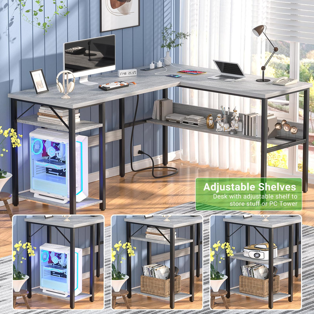 L Shaped Computer Desk with Magic Power Outlets and USB Charging Ports, Sturdy Reversible Corner Desk with Storage