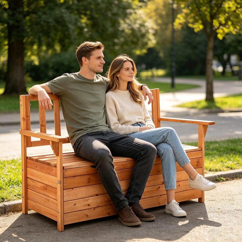 80 Gallon Outdoor Storage Bench Deck Box, Wooden Patio Bench with Armrests & Inner Removable DustProof Lining for