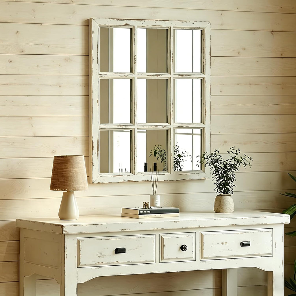 Wall Mirror Decor Farmhouse - Rustic White Window Pane Mirror Wall Decor, Rectangle Wood Mirror , Fireplace,Mantel