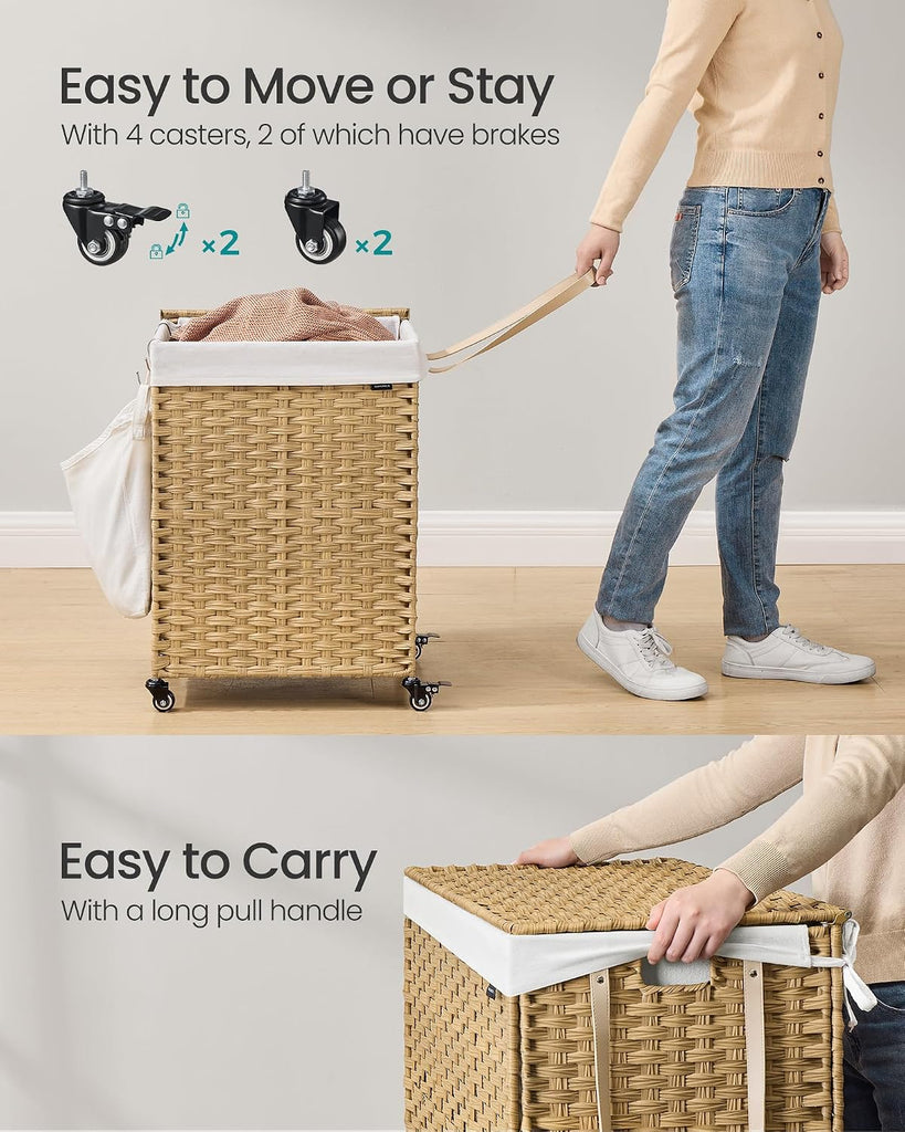 Laundry Hamper with Lid, 31.7 Gallons (120 L), Rolling Laundry Basket with Wheels, Synthetic Rattan, Removable Liner
