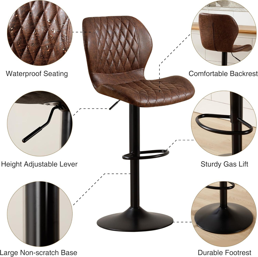 Bar Stools Set of 2, Modern Swivel Counter Height Barstools Island Chairs, Adjustable Fabric Bar Stools with Back