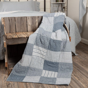 Sawyer Mill Blue Block Quilted Reversible Ticking Stripe Cotton Throw for Couch 60x50