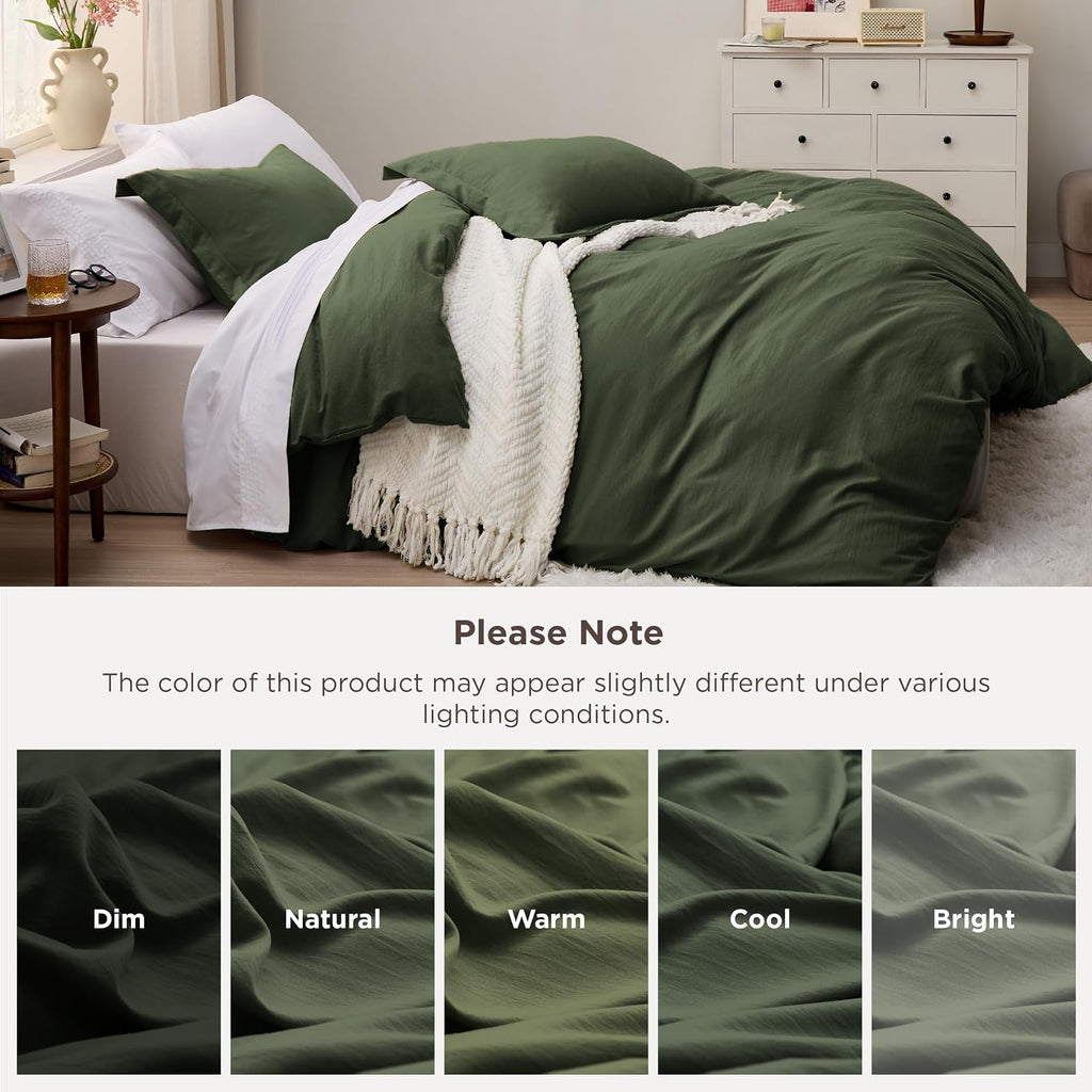 Olive Green Duvet Cover - 3 Pieces Prewashed Cotton-Like Polyester Extra Soft Bedding Set, Includes 1 Duvet