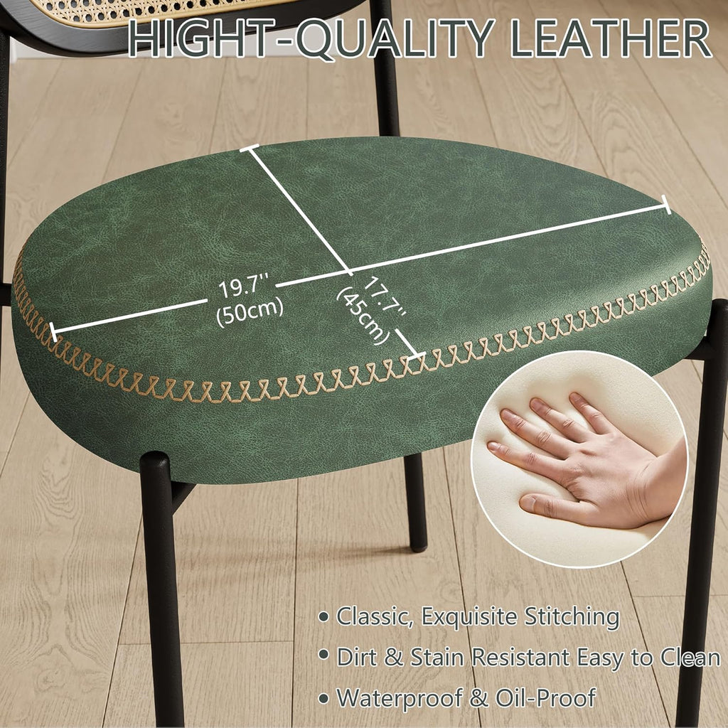 Rattan Dining Chairs Set of 4, Green Leather Upholstered Dining Chairs with Rattan Cane Back, Mid Century Modern