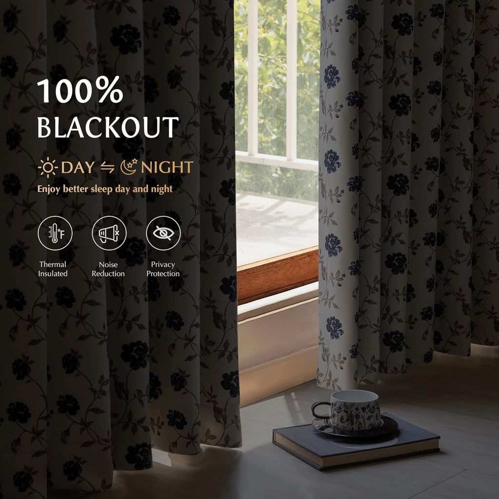 Floral 100% Blackout Curtains Blue Brown 52x96 2 Panels