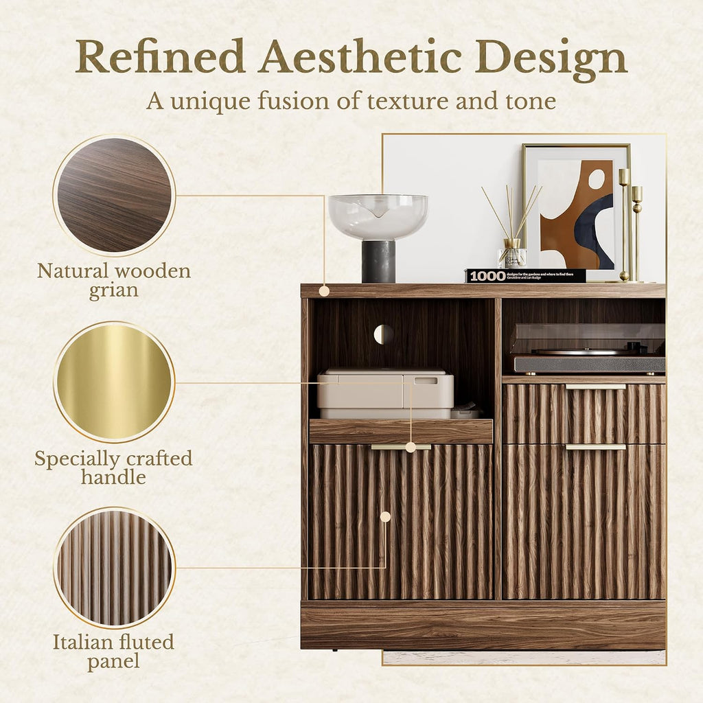 3 Drawer File Cabinet, Fluted Wood Lateral Filing Cabinet with Charging Station , Fits for A4/Letter-Sized Files